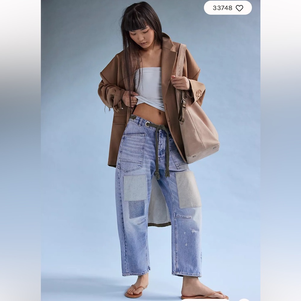 Free People Moxie Pull On Barrel Jeans We The Free Rope Tie Slouchy Truest Blue